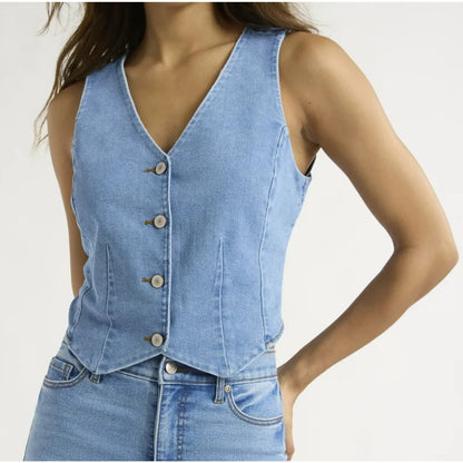 Sofia Jeans Womens Denim Vest V-Neck Cropped Bodice Front Button Light Wash Sz L