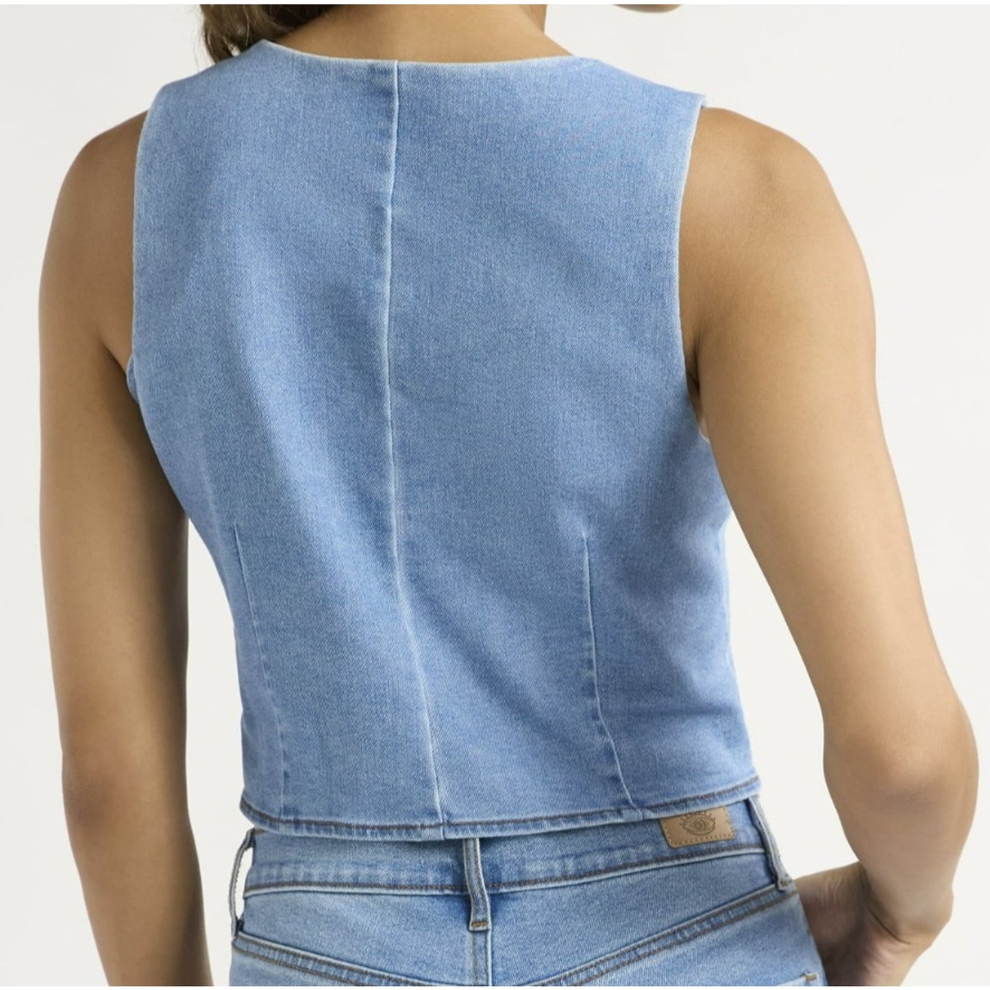 Sofia Jeans Womens Denim Vest V-Neck Cropped Bodice Front Button Light Wash Sz L