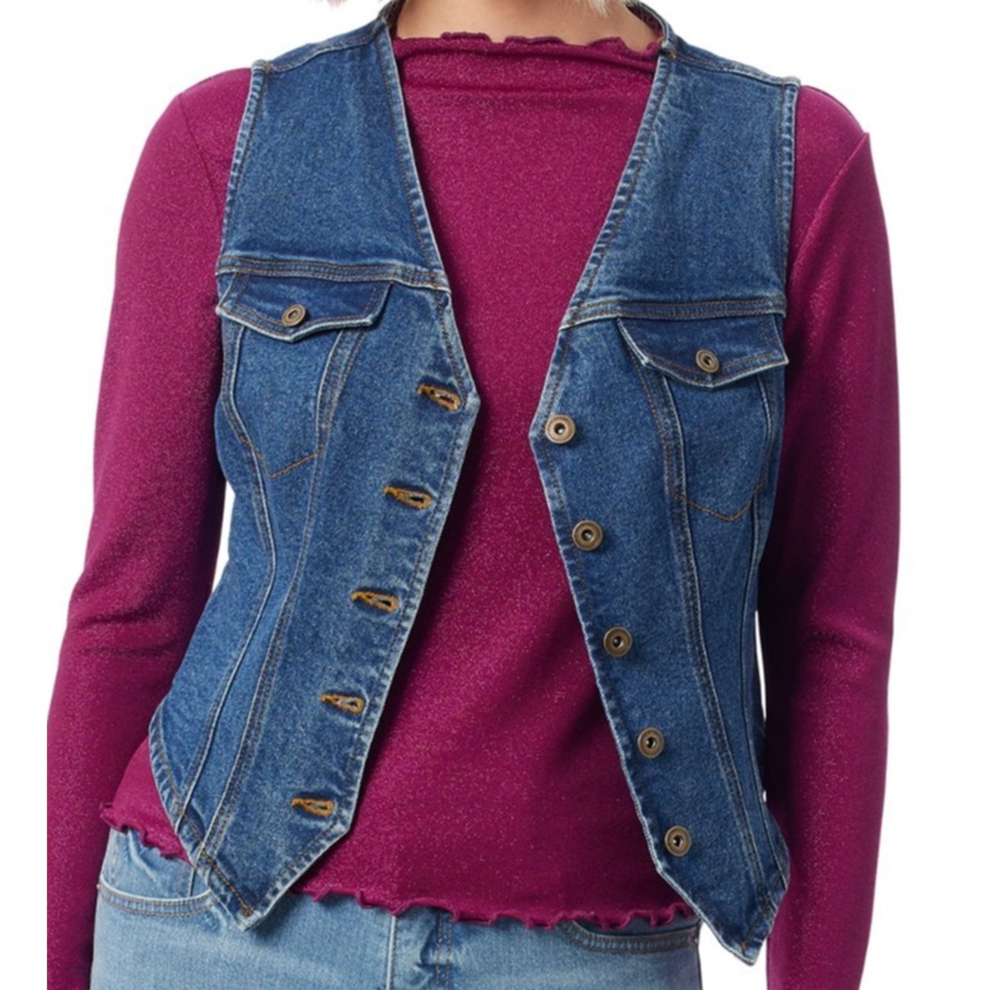 Jessica Simpson Womens Denim Vest V-Neck Button Front Medium Wash Size XL