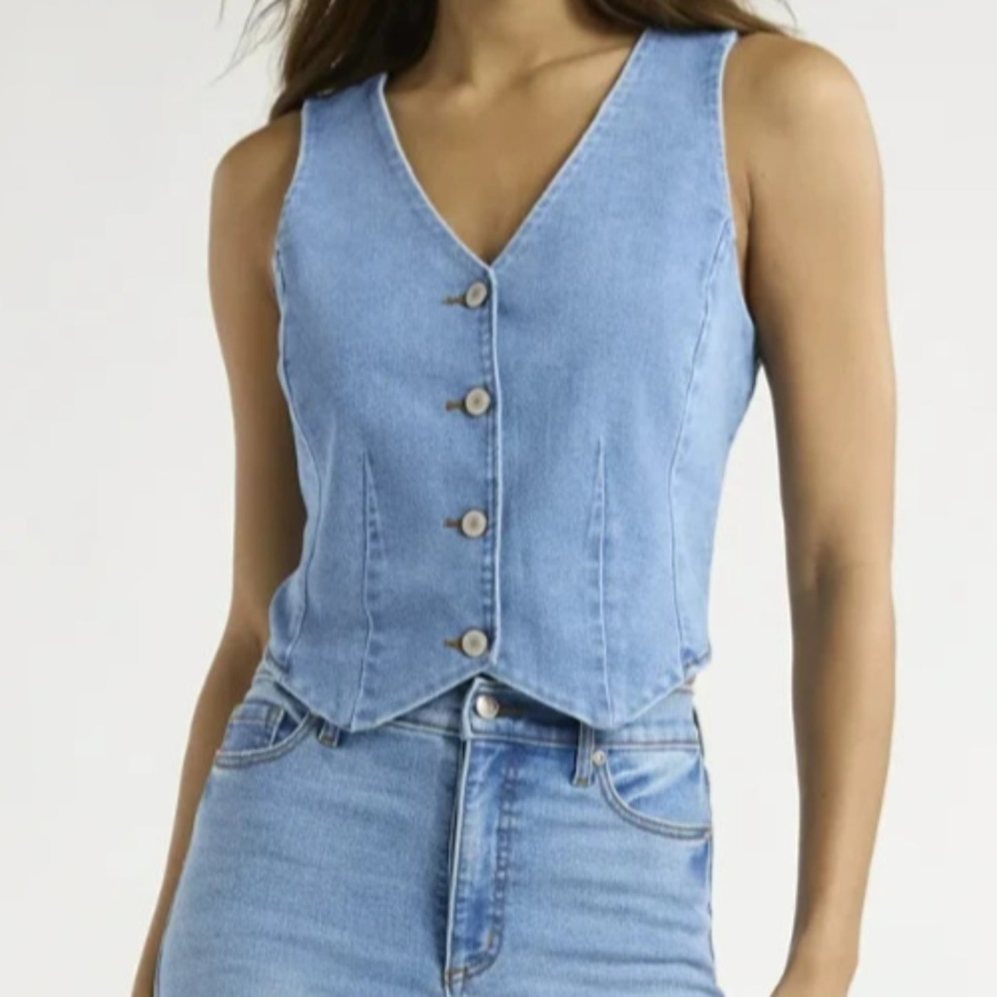Sofia Jeans Womens Denim Vest V-Neck Cropped Bodice Front Button Light Wash Sz L