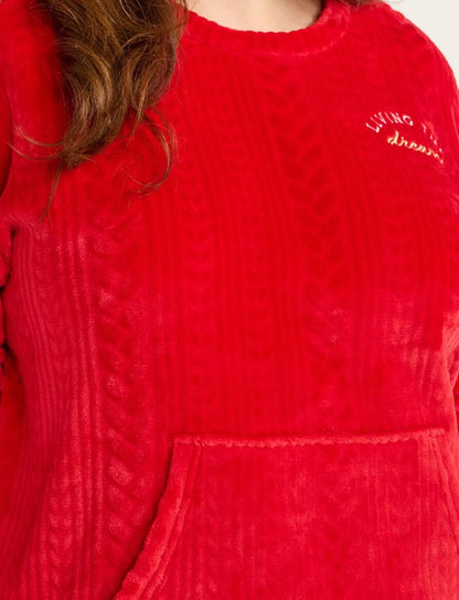 Joyspun Womens Crew Neck Plush Pajama Pullover Pockets Set Red Pepper Size L