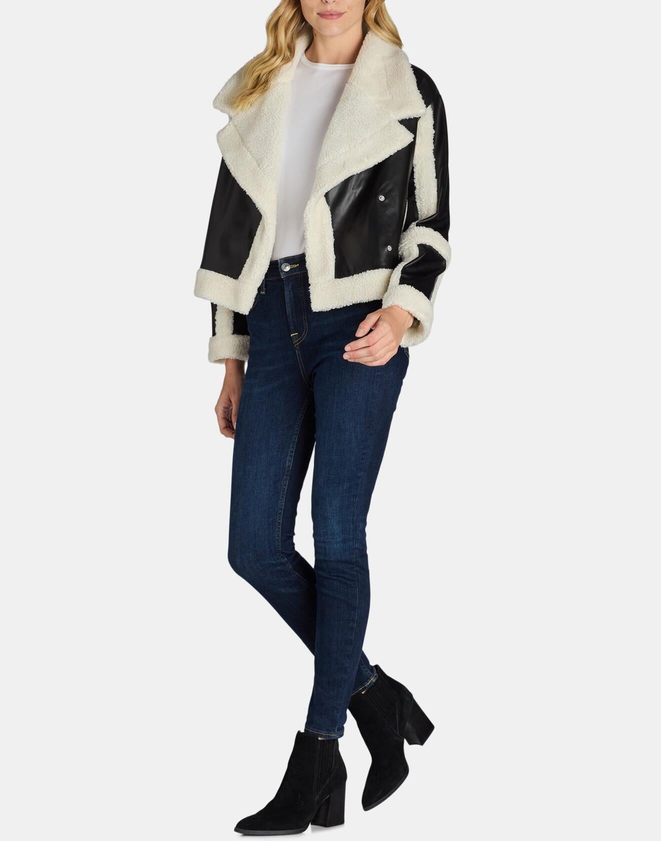 Madden NYC Womens Faux Shearling Jacket Moto Fit 22" Length Black Beauty Size L