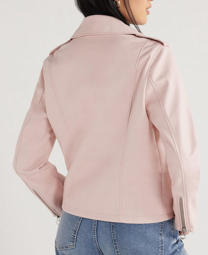 Scoop Womens Faux Leather Asymmetrical Zip Moto Jacket  Barely There Pink Size M