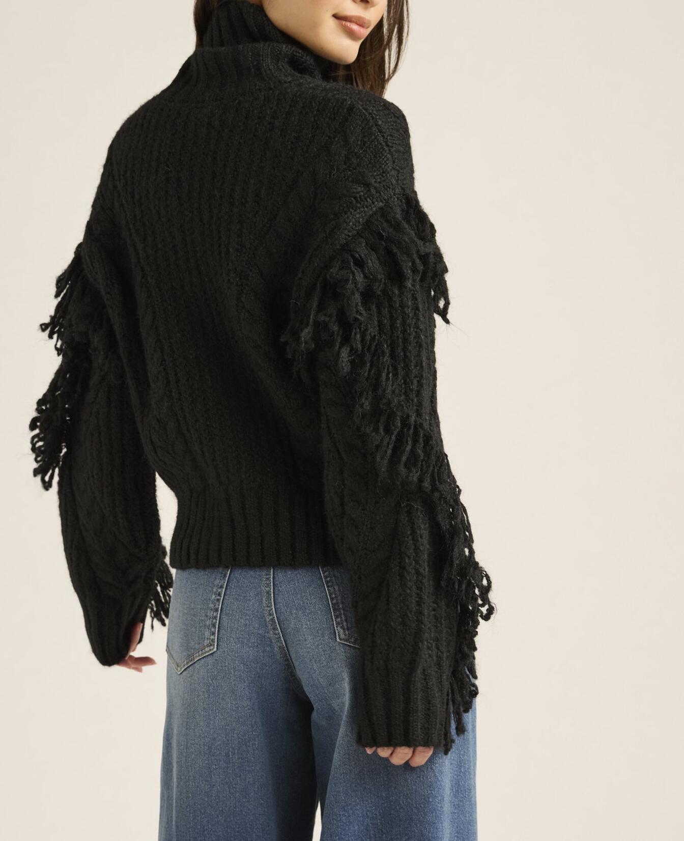 Scoop Womens Cable Knit Turtleneck Sweater with Fringe Midweight Black Soot Sz L
