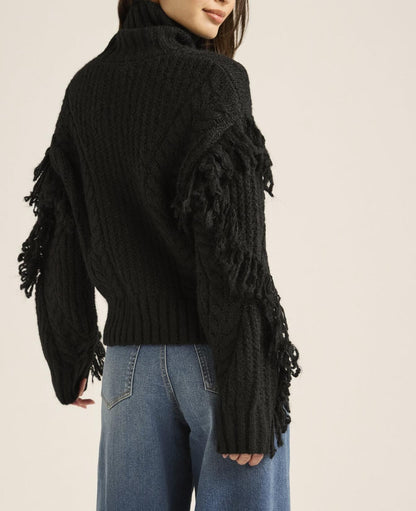 Scoop Womens Cable Knit Turtleneck Sweater with Fringe Midweight Black Soot Sz L