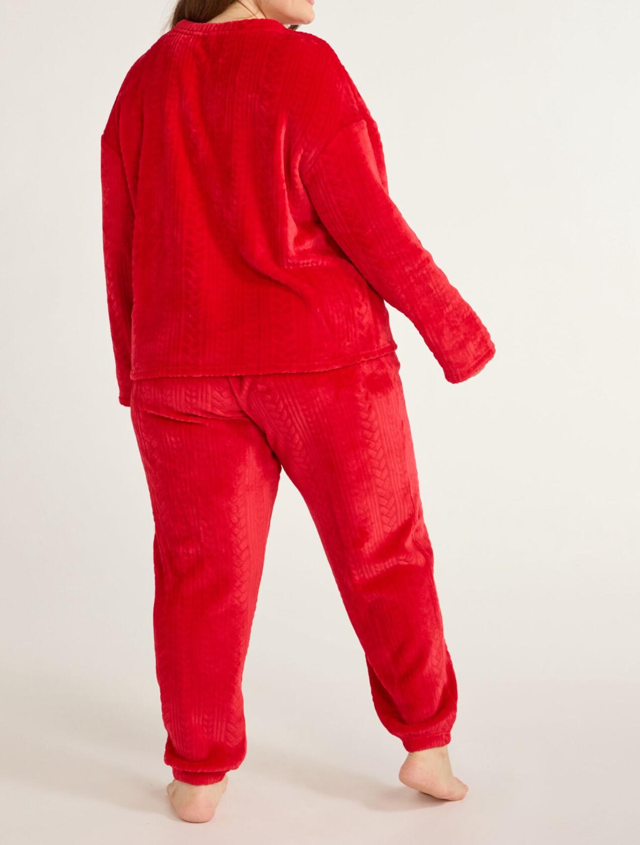 Joyspun Womens Crew Neck Plush Pajama Pullover Pockets Set Red Pepper Size L