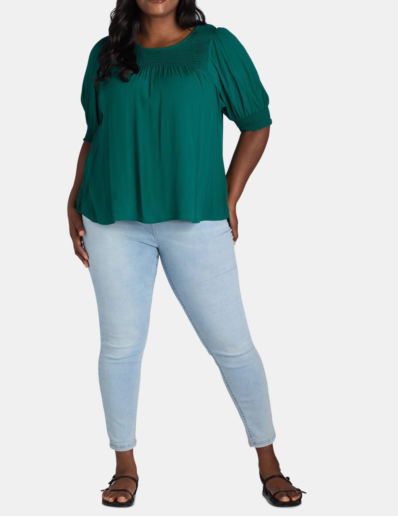 Terra & Sky Womens Plus Smocked Blouse Green Size 4X