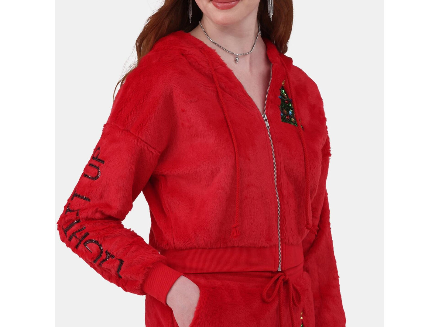 No Boundaries Womens Faux-Fur Christmas Track Suit 2-Piece Brilliant Red Size M