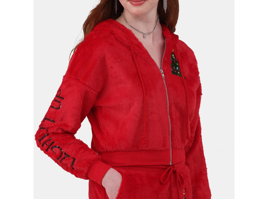 No Boundaries Womens Faux-Fur Christmas Track Suit 2-Piece Brilliant Red Size M