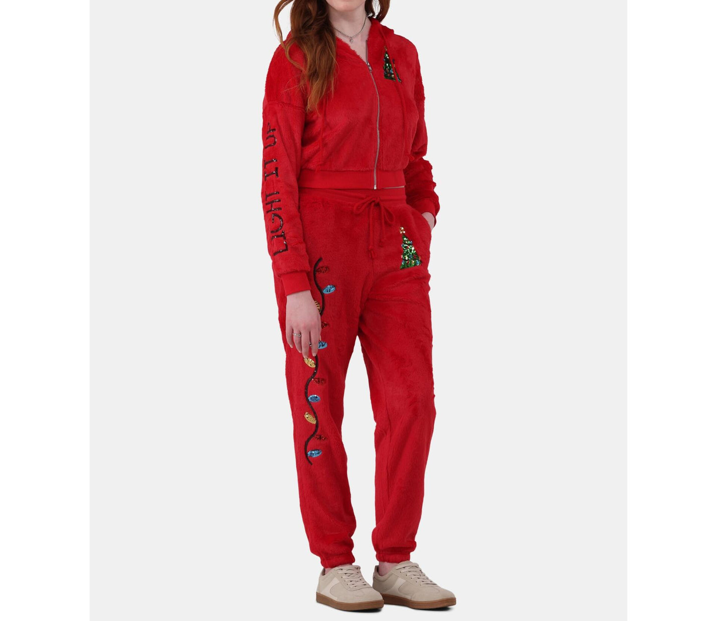 No Boundaries Womens Faux-Fur Christmas Track Suit 2-Piece Brilliant Red Size M