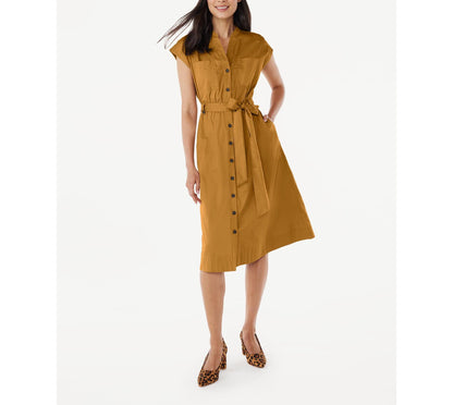 Free Assembly Womens Belted Cotton Utility Midi Dress Short Sleeves Dijon Size S