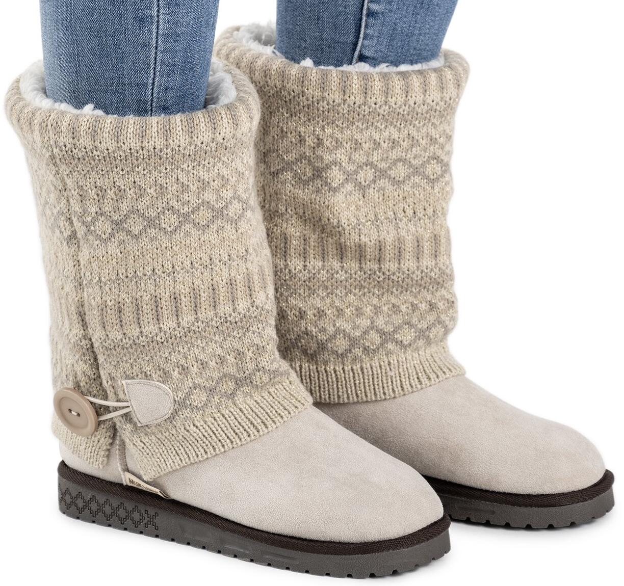 MUK LUKS Womens Janie Knit Cuff Mid-Calf Boot Pull-On Stone Lurex Print Size 7M