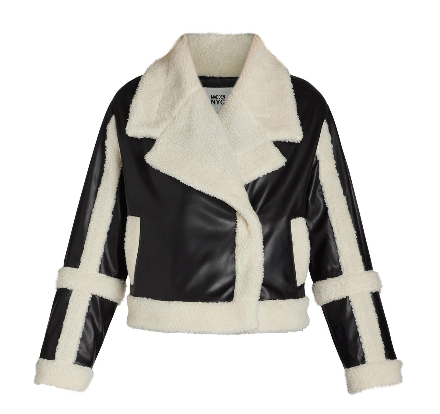 Madden NYC Womens Faux Shearling Jacket Moto Fit 22" Length Black Beauty Size L