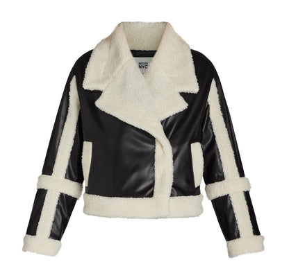 Madden NYC Womens Faux Shearling Jacket Moto Fit 22" Length Black Beauty Size L