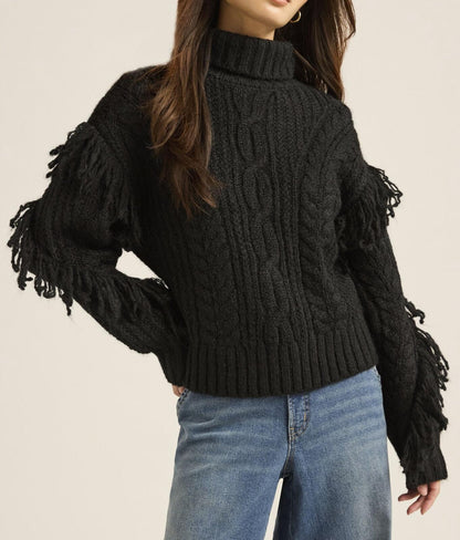 Scoop Womens Cable Knit Turtleneck Sweater with Fringe Midweight Black Soot Sz L