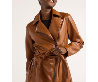 Scoop Womens Faux Leather Moto Trench Coat Zip Self-Tie Sorrel Horse Size L