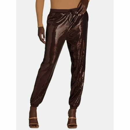 Time and Tru Womens Pull On Sequin Jogger Pants 27” Inseam Chocolate Fudge Sz S
