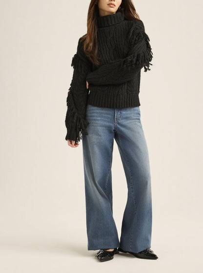 Scoop Womens Cable Knit Turtleneck Sweater with Fringe Midweight Black Soot Sz L