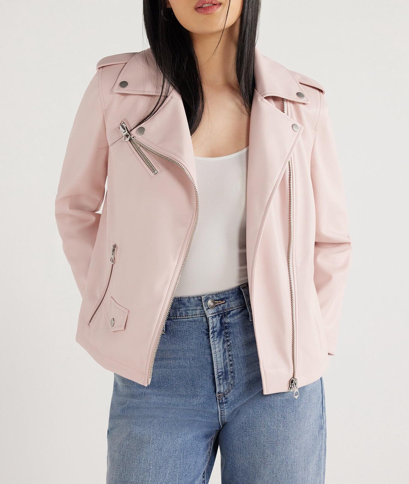 Scoop Womens Faux Leather Asymmetrical Zip Moto Jacket  Barely There Pink Size M