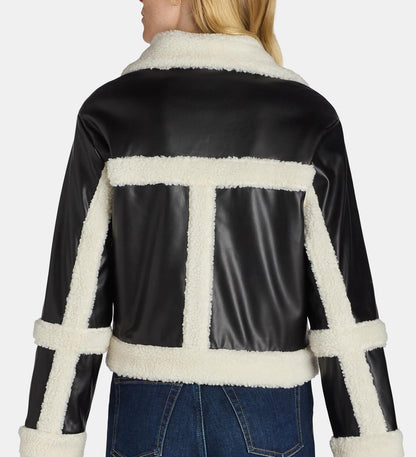 Madden NYC Womens Faux Shearling Jacket Moto Fit 22" Length Black Beauty Size L