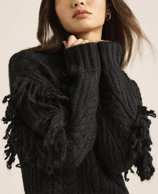 Scoop Womens Cable Knit Turtleneck Sweater with Fringe Midweight Black Soot Sz L