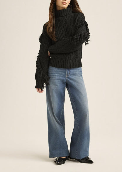 Scoop Womens Cable Knit Turtleneck Sweater with Fringe Midweight Black Soot Sz L