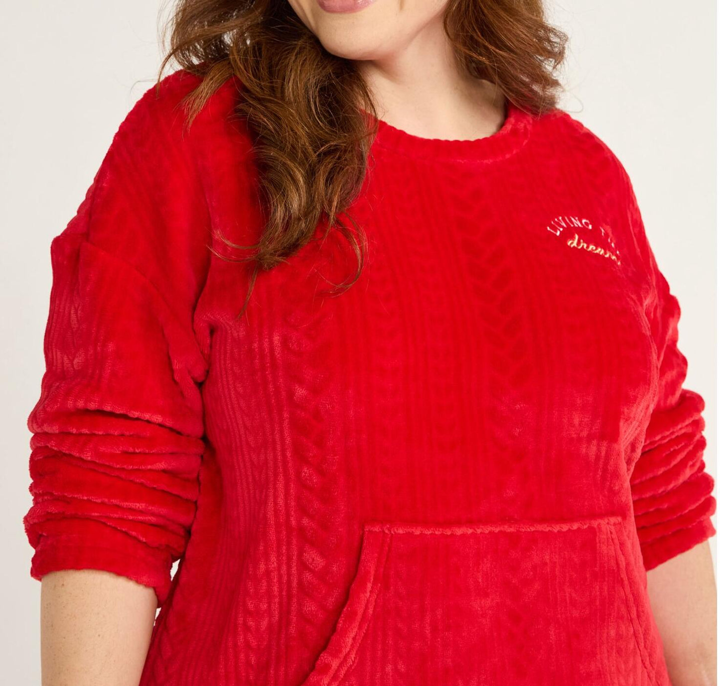 Joyspun Womens Crew Neck Plush Pajama Pullover Pockets Set Red Pepper Size L