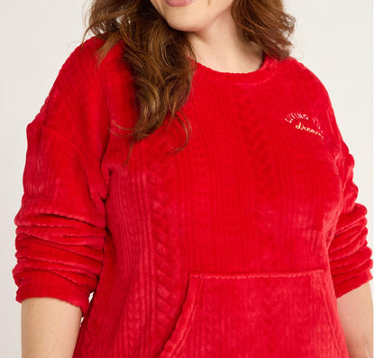 Joyspun Womens Crew Neck Plush Pajama Pullover Pockets Set Red Pepper Size L