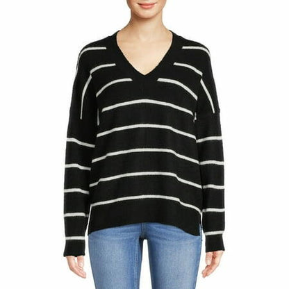 Dreamers by Debut Womens Oversized V-Neck Sweater Black and White Stripe Size XL