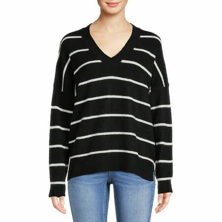 Dreamers by Debut Womens Oversized V-Neck Sweater Black and White Stripe Size XL