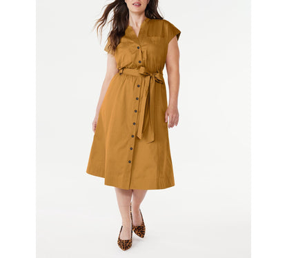Free Assembly Womens Belted Cotton Utility Midi Dress Short Sleeves Dijon Size S