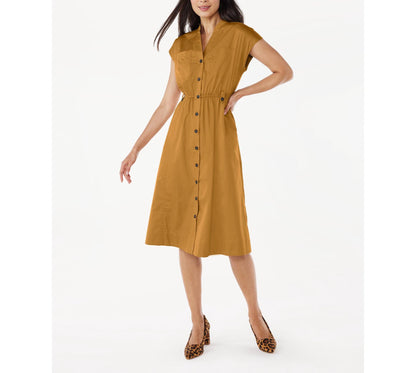 Free Assembly Womens Belted Cotton Utility Midi Dress Short Sleeves Dijon Size S