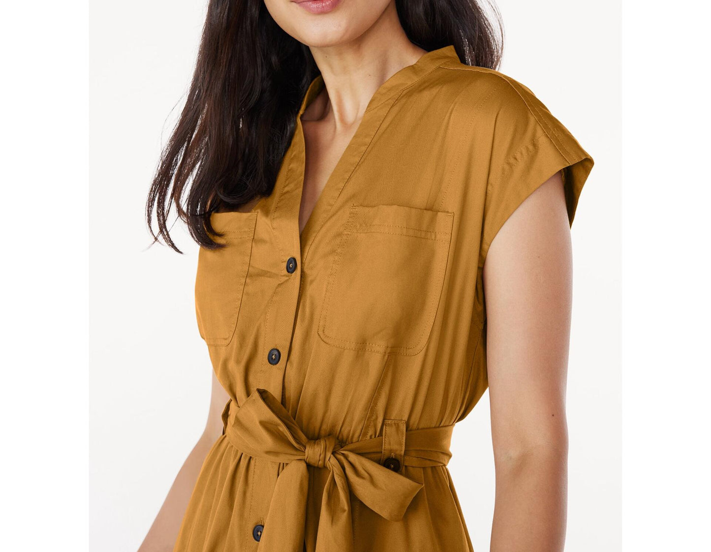 Free Assembly Womens Belted Cotton Utility Midi Dress Short Sleeves Dijon Size S