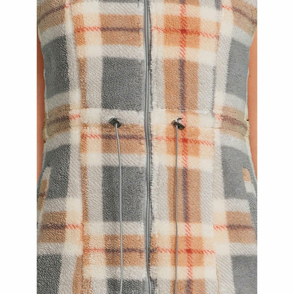 Jason Maxwell Womens Teddy Plaid Full Zip Vest with Drawstring Waist Neutral  M