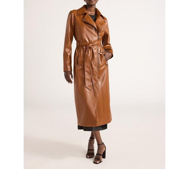 Scoop Womens Faux Leather Moto Trench Coat Zip Self-Tie Sorrel Horse Size L