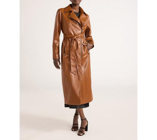Scoop Womens Faux Leather Moto Trench Coat Zip Self-Tie Sorrel Horse Size L