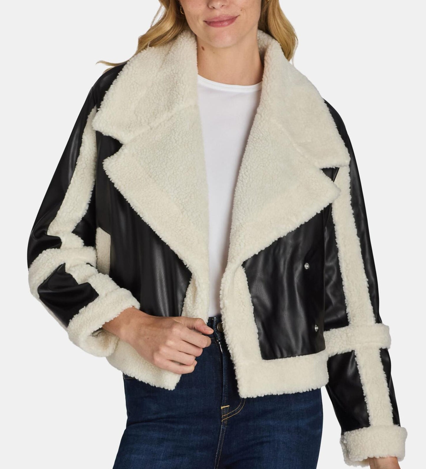 Madden NYC Womens Faux Shearling Jacket Moto Fit 22" Length Black Beauty Size L