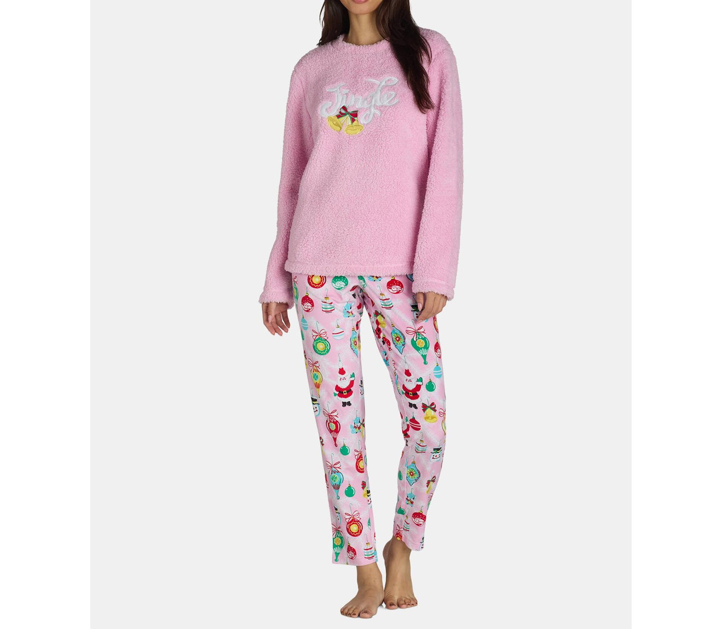 Holiday Time Womens Ornaments Holiday Plush Pajama Set Pink Frosting Size M