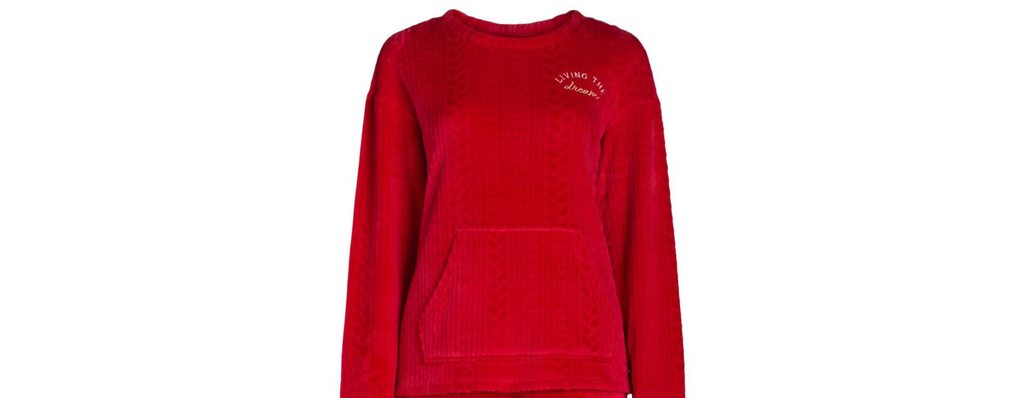 Joyspun Womens Crew Neck Plush Pajama Pullover Pockets Set Red Pepper Size L