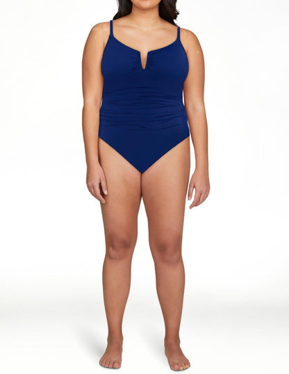 Time and Tru Womens V-Neck Wire Swimsuit Pull-On Sewn Cups Navy Size L (12-14)