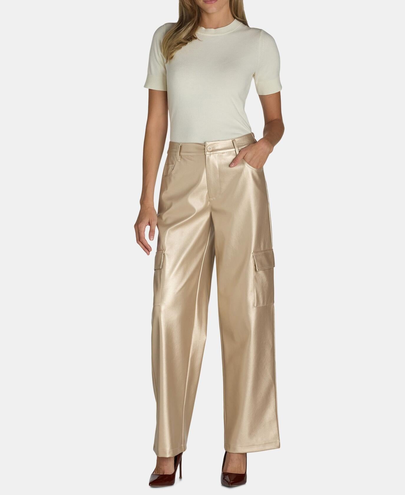 Madden NYC Womens Metallic Cargo Flare Pants Chrome Size XXL