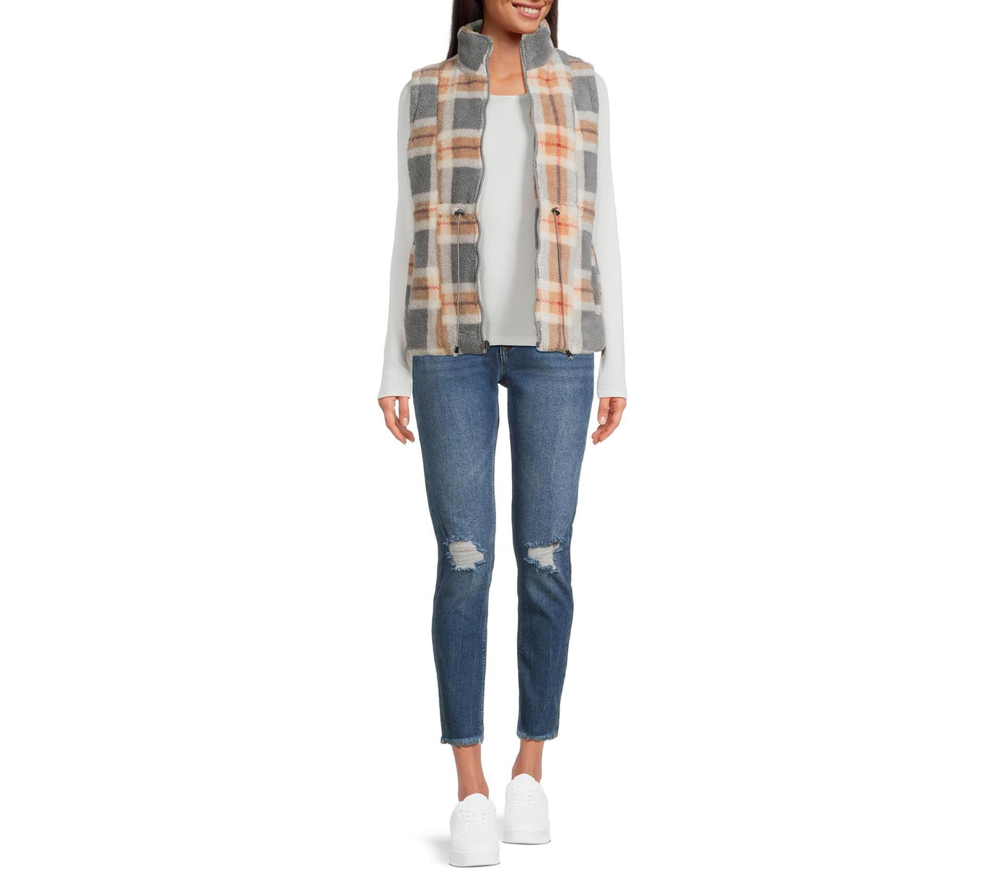 Jason Maxwell Womens Teddy Plaid Full Zip Vest with Drawstring Waist Neutral  M