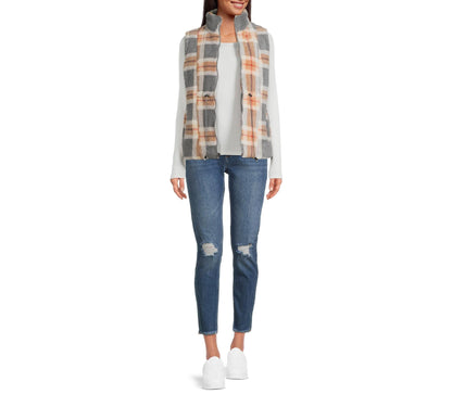 Jason Maxwell Womens Teddy Plaid Full Zip Vest with Drawstring Waist Neutral  M