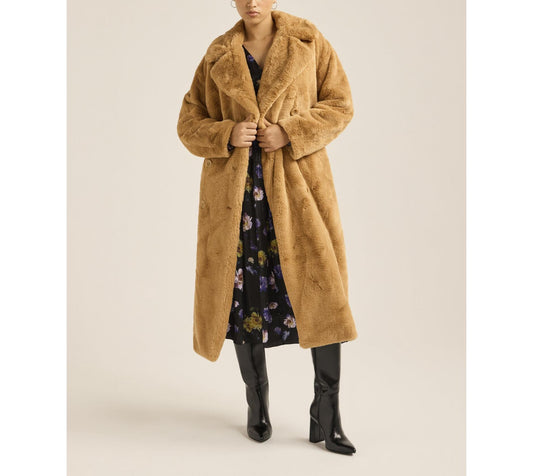 Scoop Womens Plush Faux Fur Oversized Maxi Coat Heavyweight Relaxed Tan Size XL