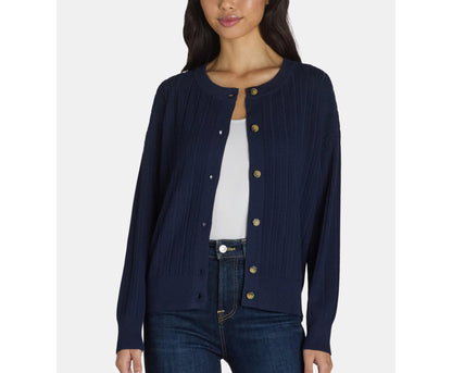 Time and Tru Womens Fine Gauge Rib Crew Cardigan with Long Sleeves Navy Size M