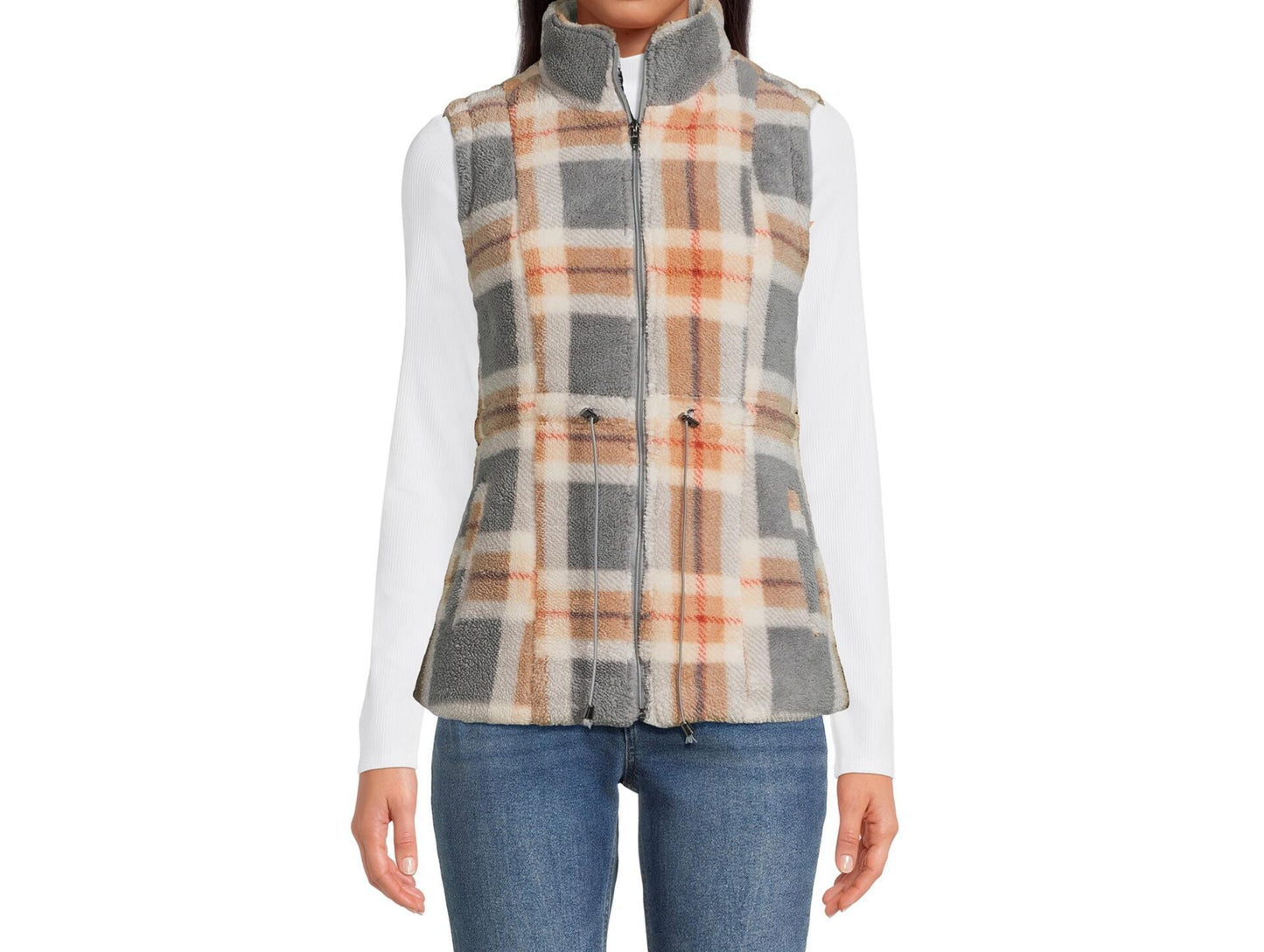 Jason Maxwell Womens Teddy Plaid Full Zip Vest with Drawstring Waist Neutral  M