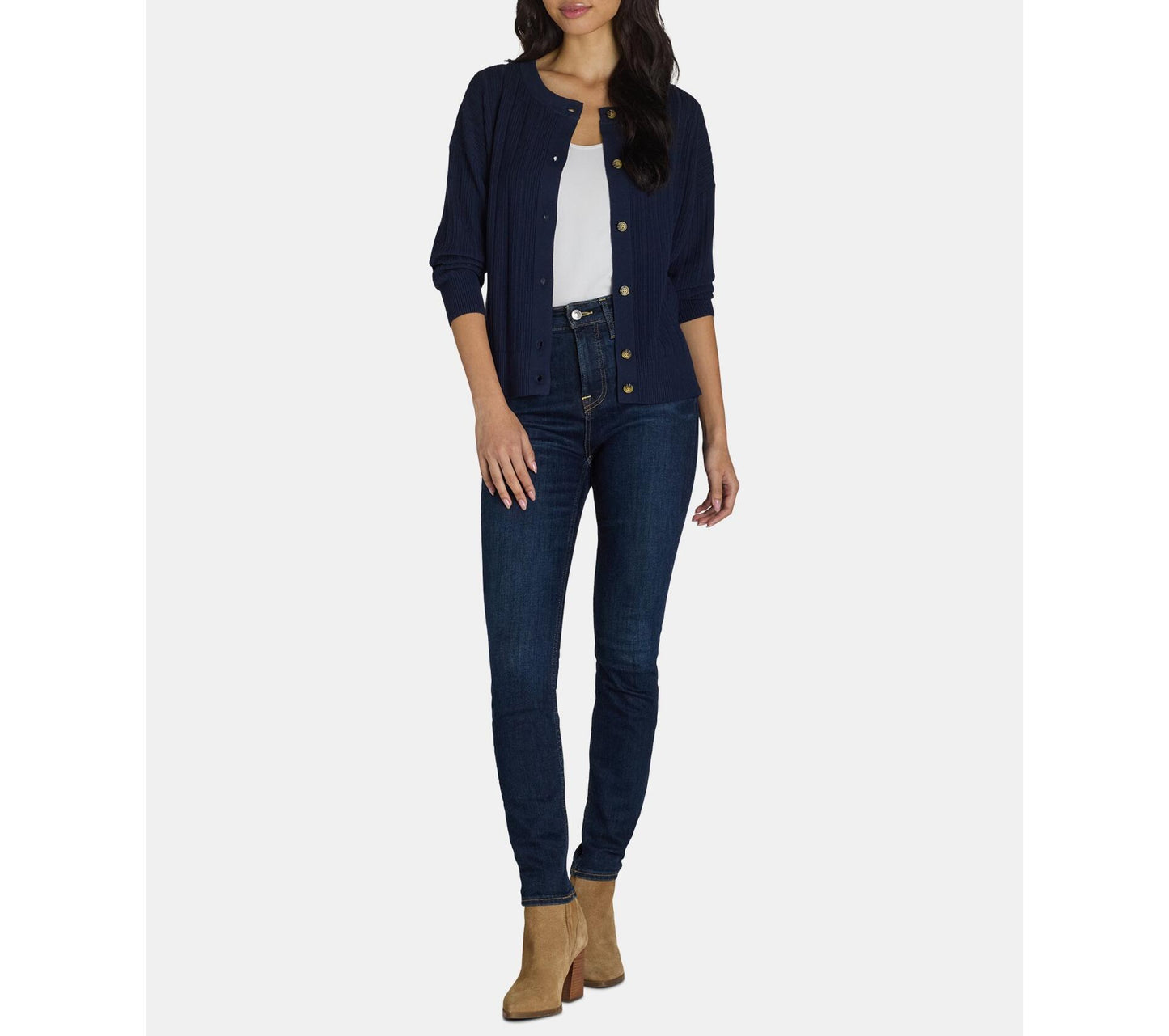 Time and Tru Womens Fine Gauge Rib Crew Cardigan with Long Sleeves Navy Size M