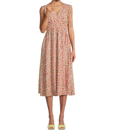 Time and Tru Womens V Neck Smocked Midi Dress Ditsy Blush Size M