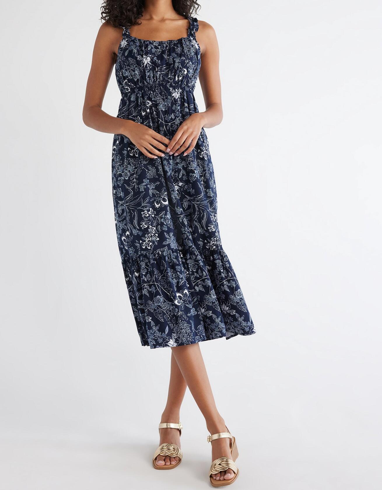 Time and Tru Womens Tie Back Midi Dress with Ruffled Straps Dark Navy Size M