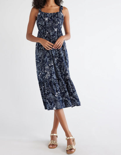 Time and Tru Womens Tie Back Midi Dress with Ruffled Straps Dark Navy Size M